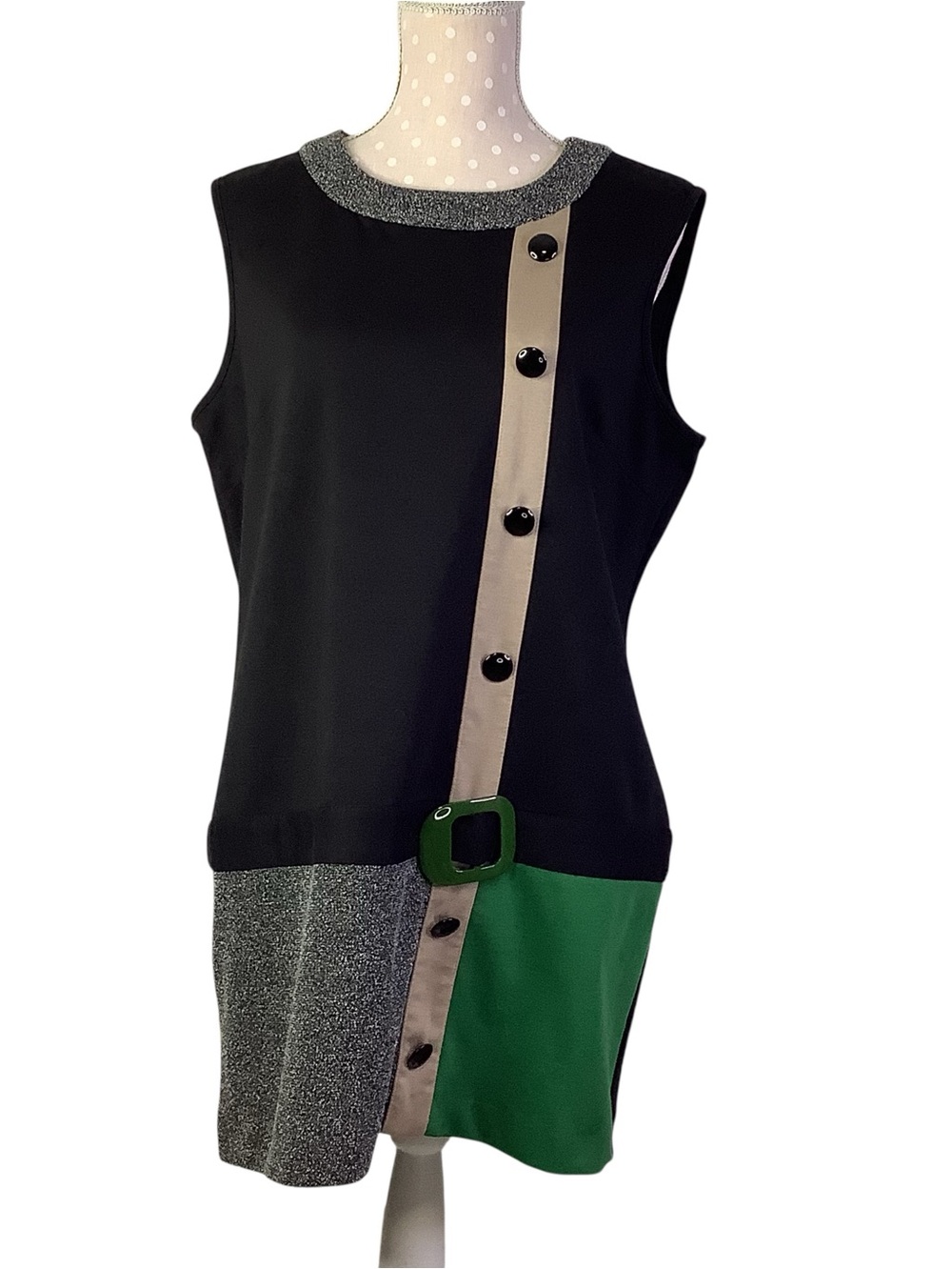 J.Taylor Colorblock Shift Dress with Belted Accent - Black, Gray, Green Sz 16